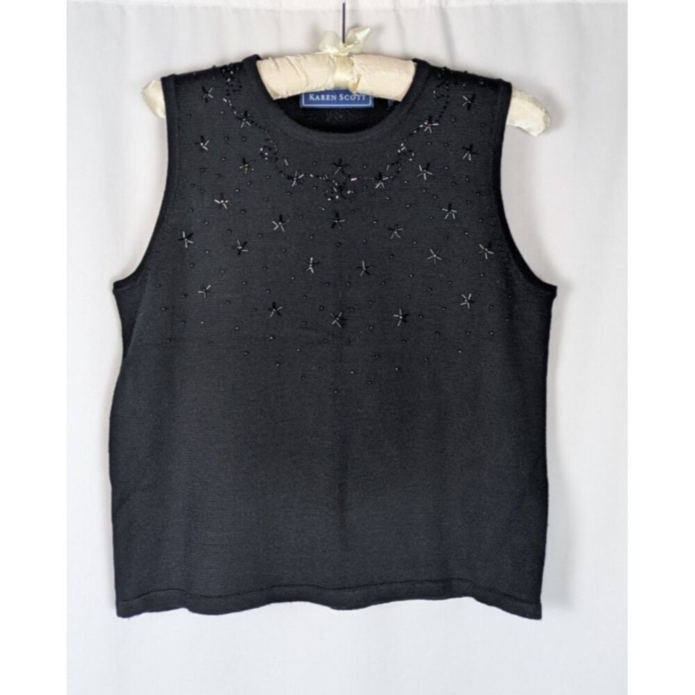 Karen Scott Vintage Black Beaded Wool Blend Sleeveless Sweater Shell M Gothic
